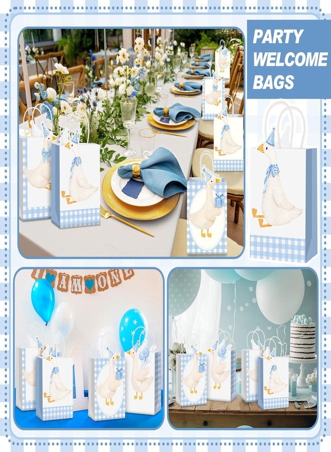 Kolldenn 24 Pcs One Silly Goose Party Favors Cute Treat Bags Gift Gingham Gift Goodies Bags Silly Goose Party Decoration Cute Coquette Bow with Handles for Birthday Baby Shower Supplies(Blue) - Image 5